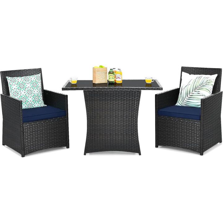 Hivvago 3-Piece Patio Furniture Outdoor Dining Set Brown PE Rattan Navy Blue Cushions