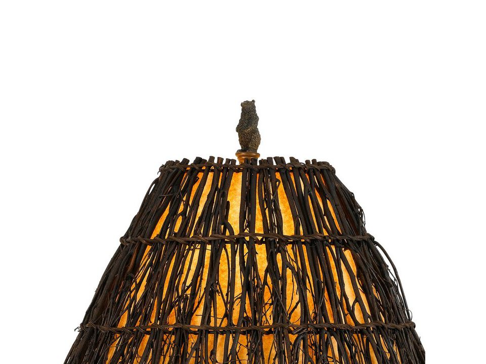150 Watt Resin Body Table Lamp with Bear Design and Twig Shade, Bronze - Benzara