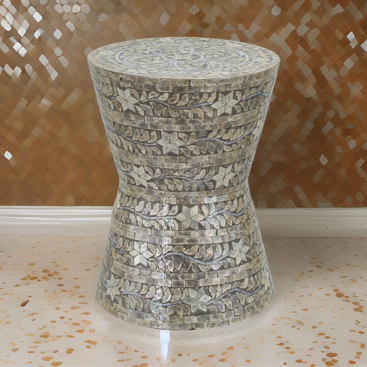 19 Inch Luxury Accent Table Stool, Star Foliage Pattern, Gray and Brown