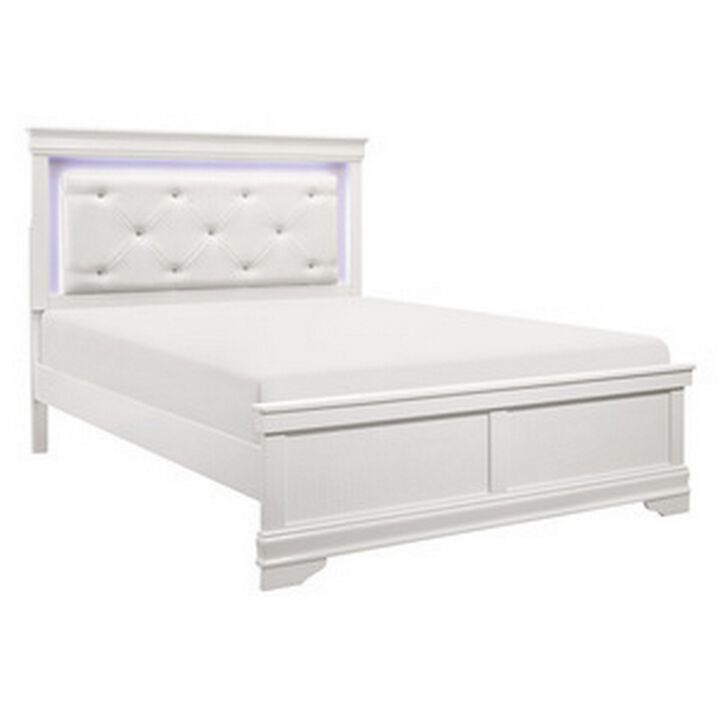 Teich Queen Bed, LED, Crystal Tufted Faux Leather Upholstery, White Wood - Benzara
