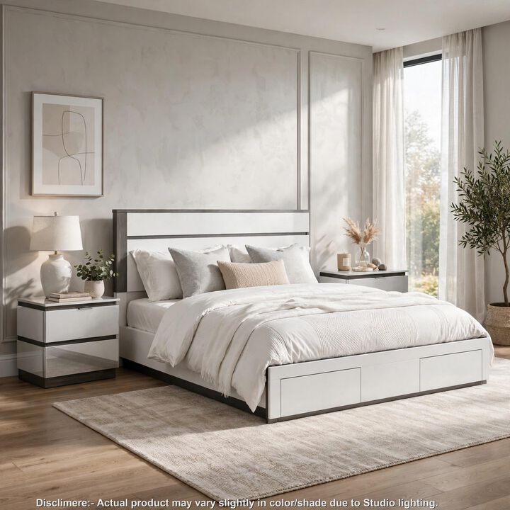 3pc King Bedroom Set, White, Metallic Gray Wood, 2 Nightstands