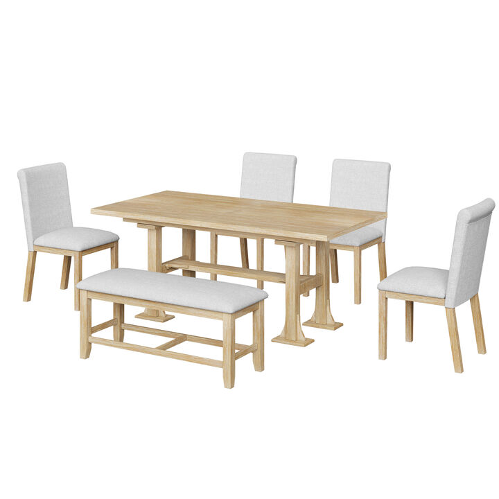 Merax Expandable Dining Table Set with 4 Cushioned Chairs & Sturdy Bench, Solid Wood Construction