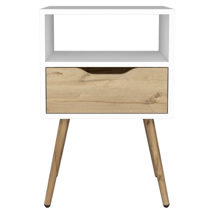 Streamdale Otom Nightstand: White Light Oak, Drawer, Open Shelf