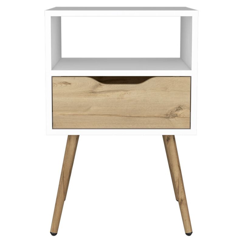 Streamdale Otom Nightstand: White Light Oak, Drawer, Open Shelf