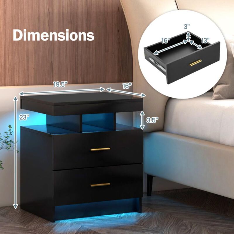 Hivvago LED Nightstand with 2 Storage Drawers for Bedroom