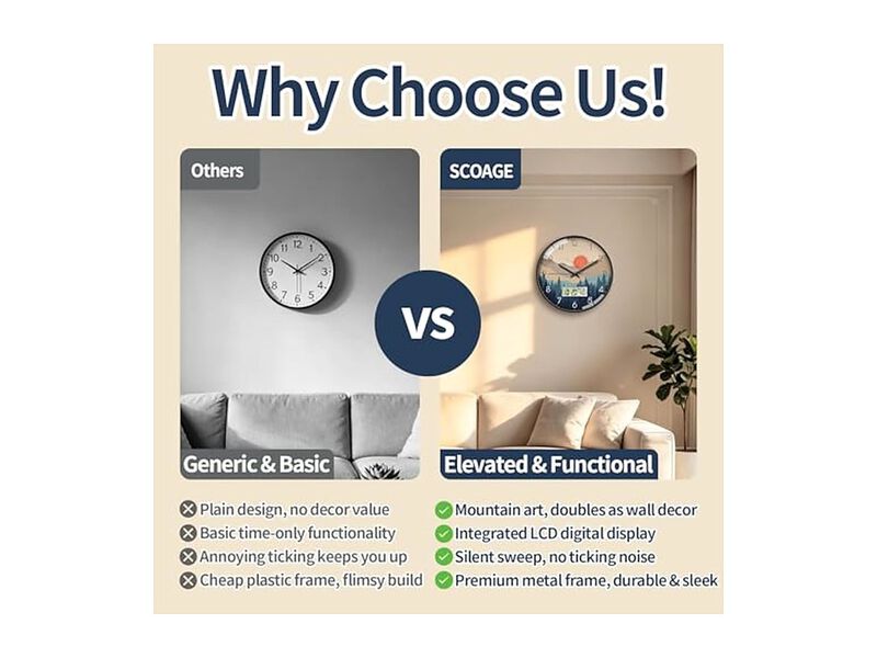 Wilderness Sunset LCD Date Day Temp Wall Clock 12 Inch Silent Non Ticking image number 2