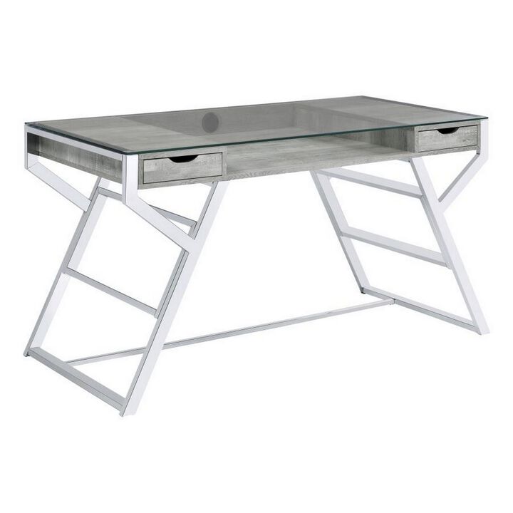 Glass Top Writing Desk with 2 Drawers, Gray and Chrome-Benzara