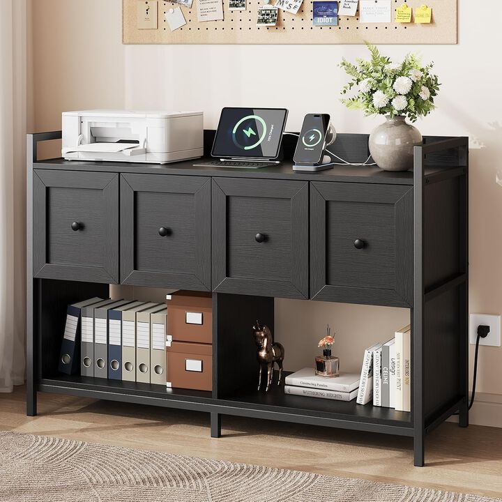 File Cabinet with Bookshelf Organizer, 43"W Wood File Cabinet with Power Outlet, 2 Drawers, 2 Open Storage Shelves, File Storage Fits Legal/A4 Size
