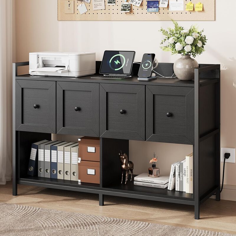 File Cabinet with Bookshelf Organizer, 43"W Wood File Cabinet with Power Outlet, 2 Drawers, 2 Open Storage Shelves, File Storage Fits Legal/A4 Size image number 1