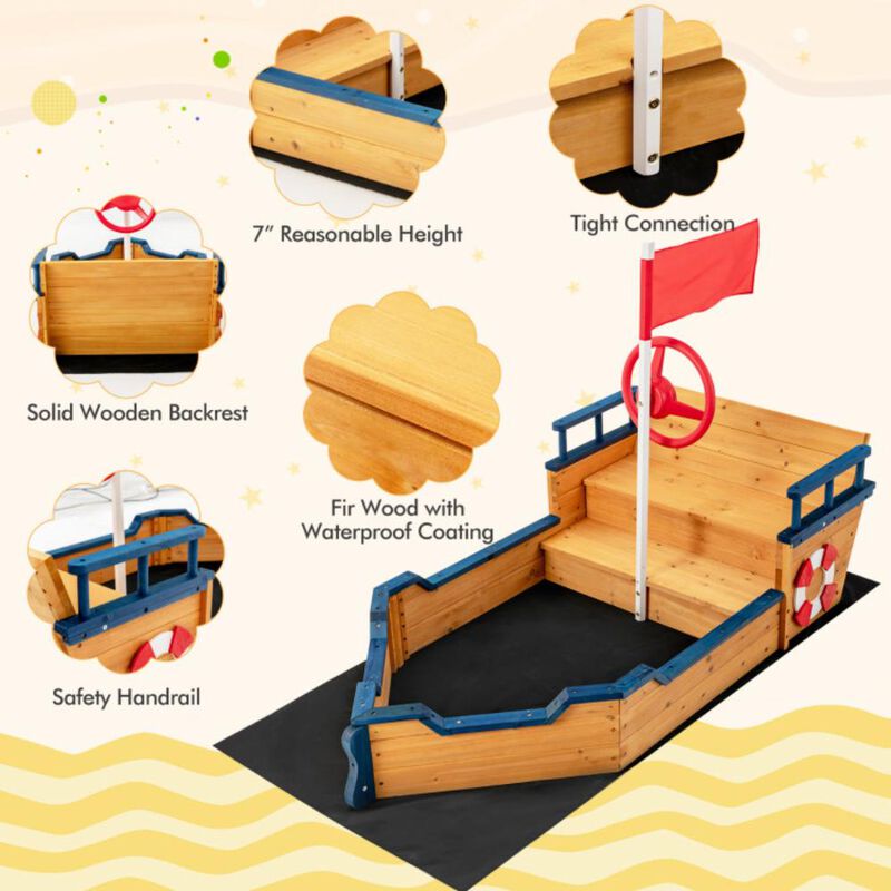 Hivvago Kids Pirate Boat Wooden Sandbox Children Outdoor Playset