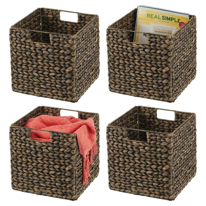 mDesign Hyacinth Woven Cube Bin Basket Organizer, Handles, 4 Pack, Black Wash