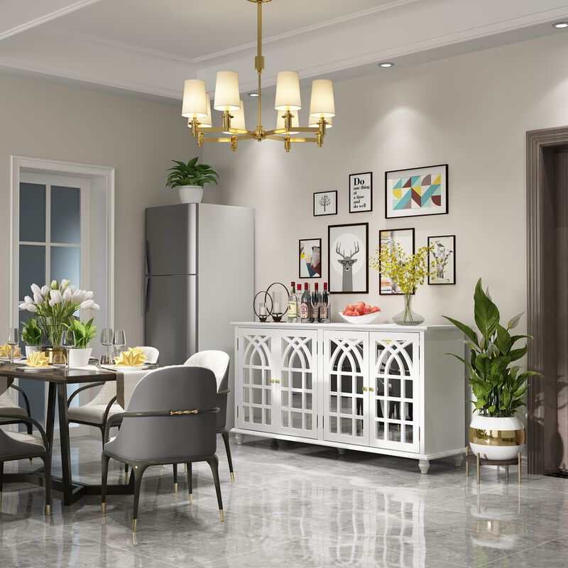 White Wooden 63 in. W, Mirrored Accent Strorage Cabinet, Sideboard with 4 Shelves and 4 Elegant Feet