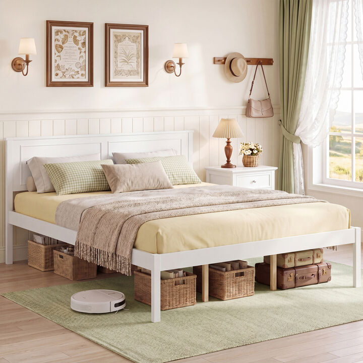 Farmhouse Wood Bed Frame with Headboard and Platform Design for Bedroom-White
