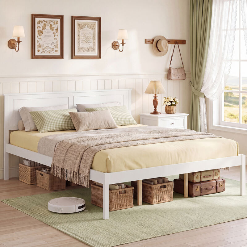 Farmhouse Wood Bed Frame with Headboard and Platform Design for Bedroom-White image number 1