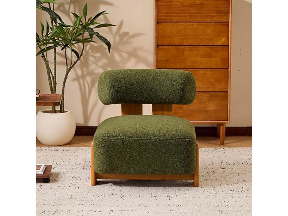 Accent Chair &ndash; Jillian Modern Boucle Armless Armchair in Olive Green with Wood Base