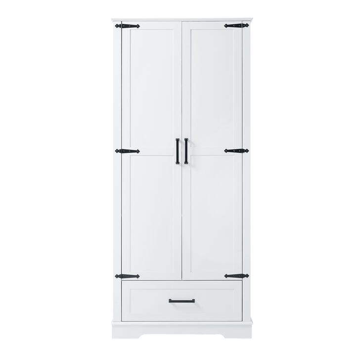 Whisen Tall White Bathroom Storage Cabinet with Black Handles, Double Doors, Drawer and Adjustable Shelf - White