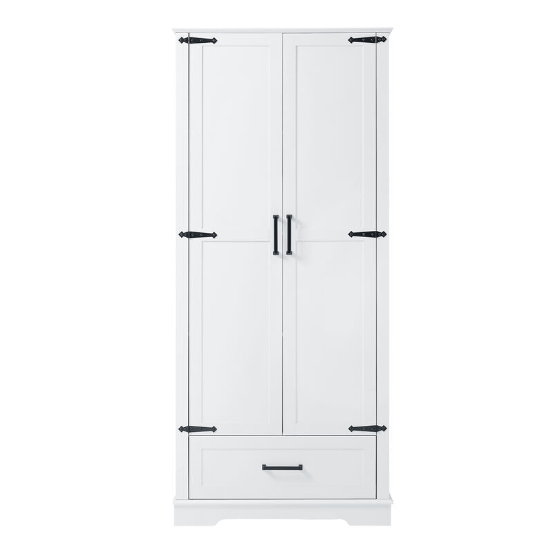 Whisen Tall White Bathroom Storage Cabinet with Black Handles, Double Doors, Drawer and Adjustable Shelf - White