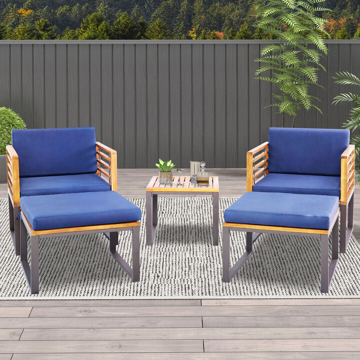 5 Piece Patio Acacia Wood Chair Set with Ottomans and Coffee Table-Navy