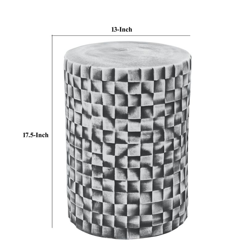 18 Inch Stool Table, Ceramic, Cylindrical, Textured Geometry, Outdoor, Gray - Benzara