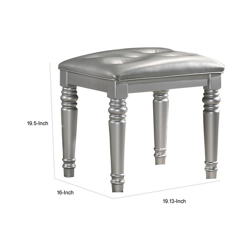 Kya 20 Inch Vanity Stool with Tufted Vegan Faux Leather Seat, Glam Silver-Benzara
