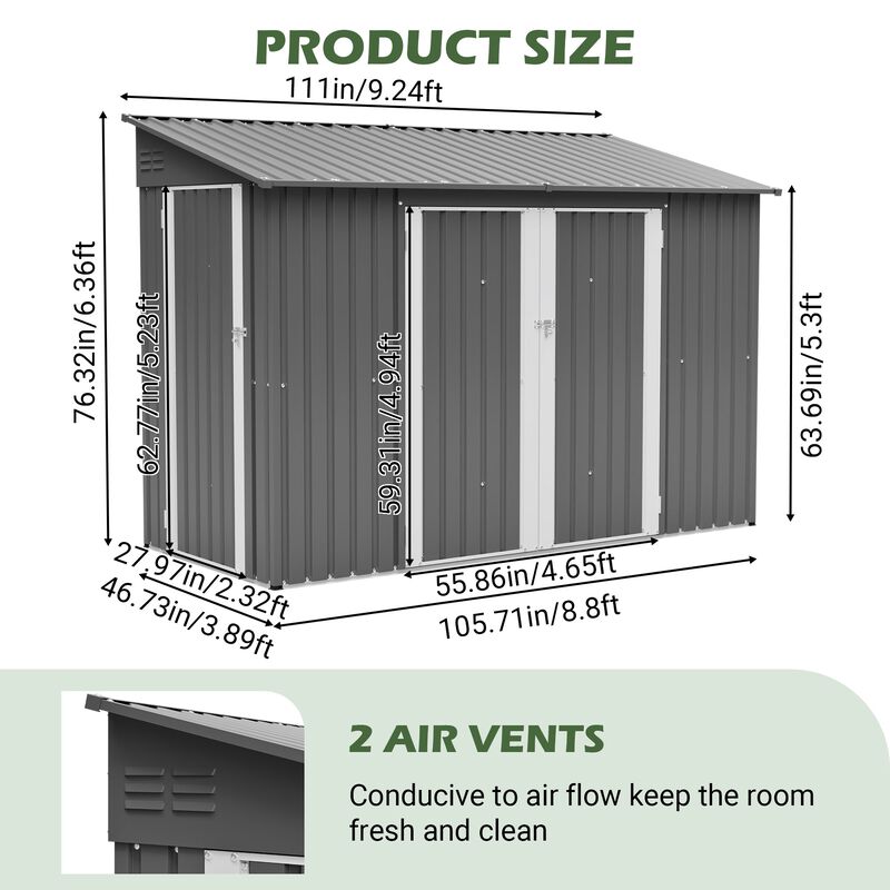 9 x 4 FT Outdoor Storage Shed with Lockable Door, Heavy Duty Metal Waterproof Garden Shed image number 3