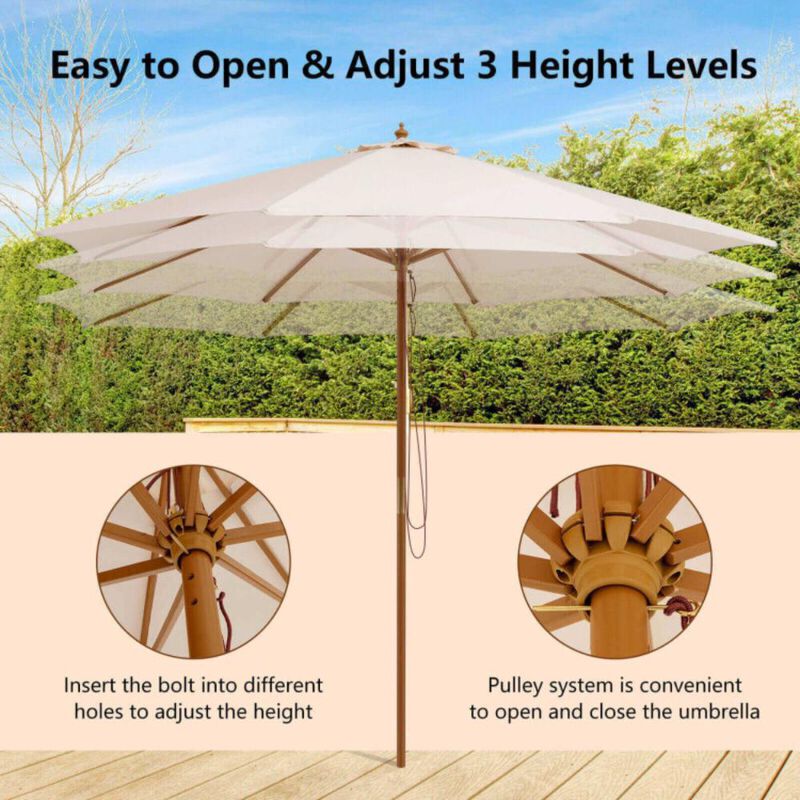 Hivvago 10 Feet Patio Umbrella with 8 Wooden Ribs and 3 Adjustable Heights