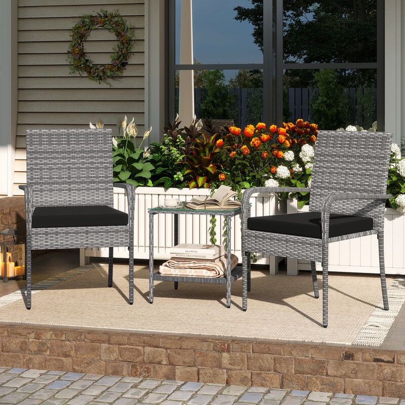 3 Piece Balcony Patio Furniture Set with Seat Cushions and Tempered Glass Tabletop image number 5