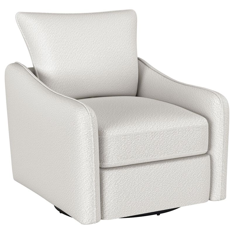 Adia Swivel Glider Chair, Sloped Arms, Plush Vanilla Ivory Boucle - Benzara