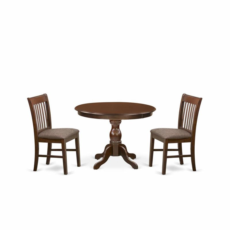 East West Furniture HBNF3-MAH-C 3 Piece Kitchen Dining Table Set - Mahogany Small Dining Table and 2 Mahogany Linen Fabric Dining Chairs with Slatted Back - Mahogany Finish