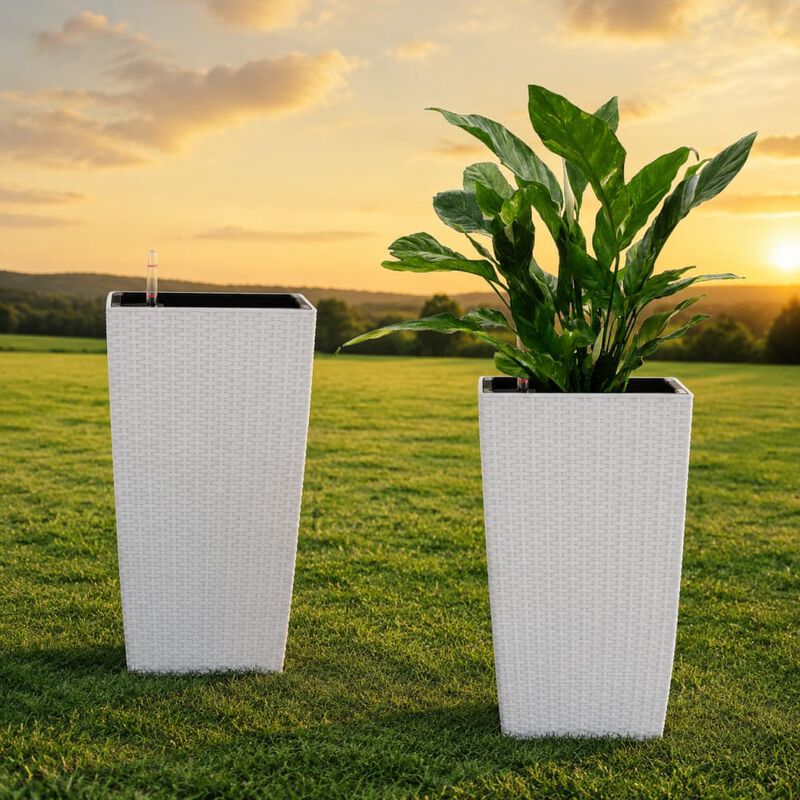 WOW PIONEER Modern Faux Rattan Large Square Indoor/Outdoor Planters with Auto Watering System for Home Garden Patio Yard (2 Pack) image number 3