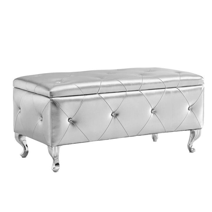 Streamdale Crystal Button Faux Leather Ottoman Bench - Silver