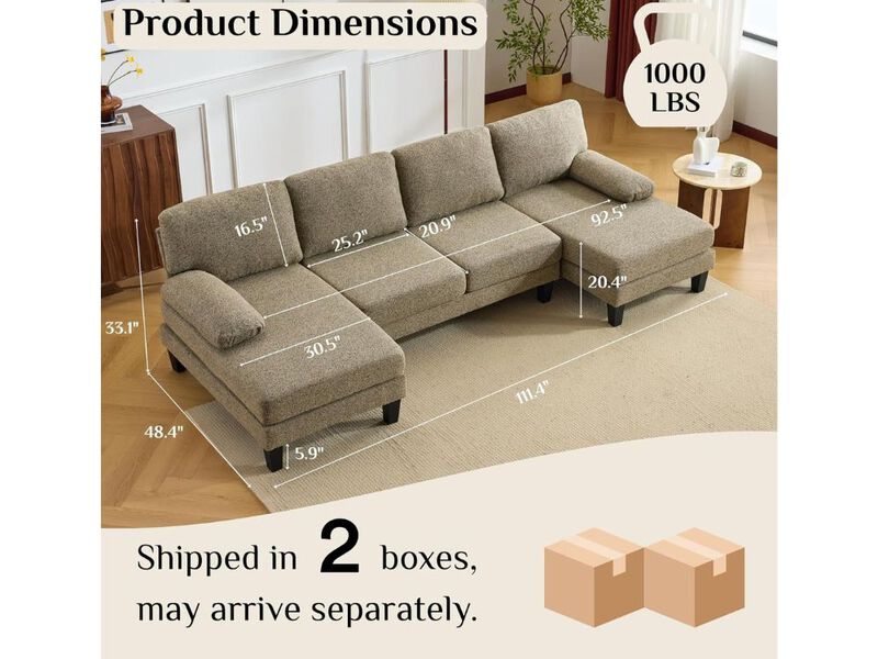 U Shape Sectional Sofa 110 Inch Chenille 4 Seat Double Chaise Khaki Living Room image number 2