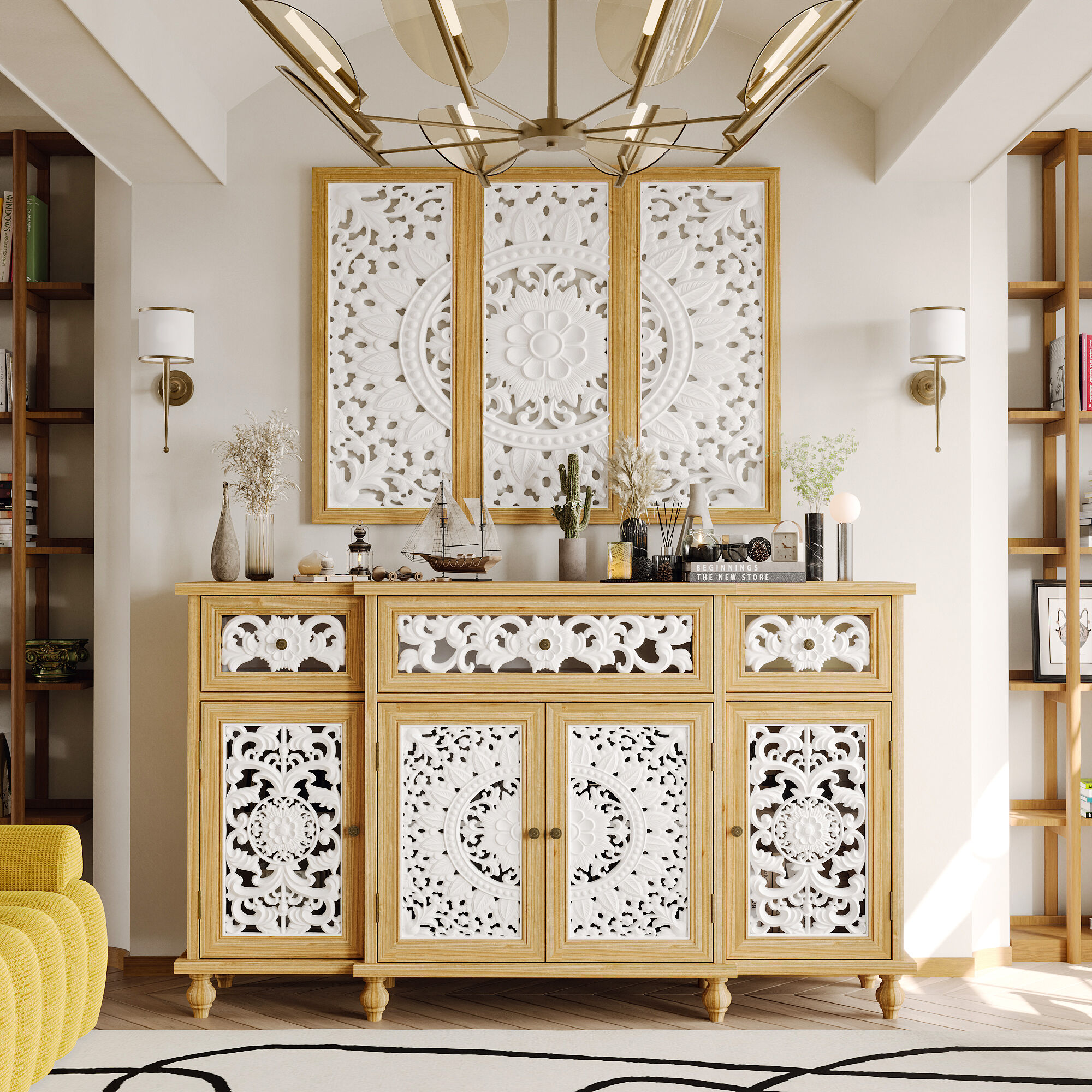 FUFU&GAGA Vintage Lace Carved White & Wood Tone Storage Cabinet, 3