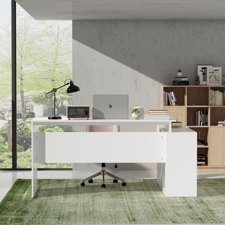 55.1" Wx29.5"H : White "L" Shape MDF Computer Desk with 2-Drawer, Open Shelves & Cabinet