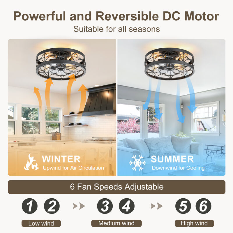 Breezary 16.5" Vintage Cage Ceiling Fan with Light, 7 Blades, 6 Speed, Low Profile Flush Mount, Reversible Airflow image number 5