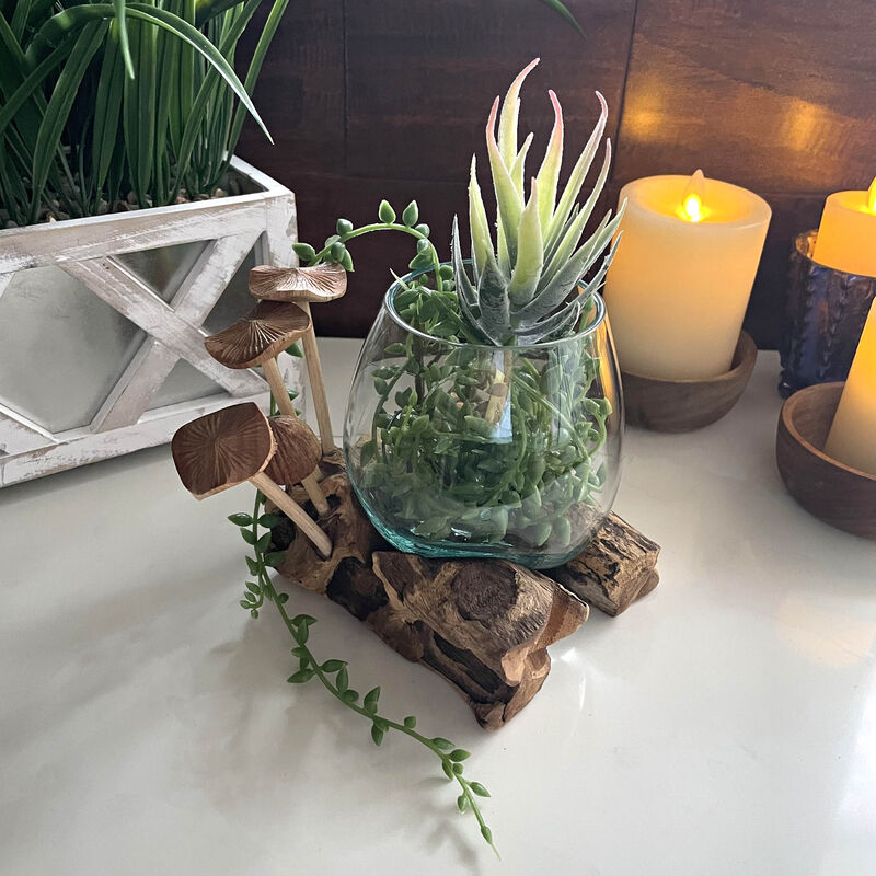 Handcrafted Glass Vase with Teak Driftwood and Wood Mushroom Embellishments image number 4