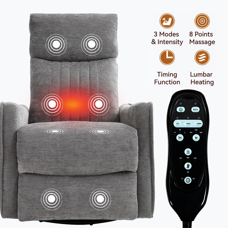 Heat Massage Manual Recliner Chair with Rocker and Swivel in Fabric for Living Room, Dark Grey