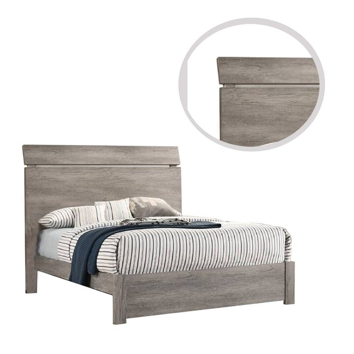 Posy Platform California King Bed, Split Headboard, Distressed Gray Wood - Benzara
