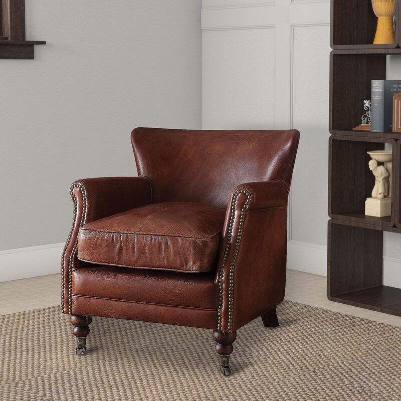 Leather Upholstered Accent Chair With Nail head Trim, Dark Brown-Benzara