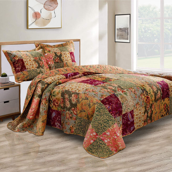 Kamet 3 Piece Fabric King Size Quilt Set with Floral Prints, Multicolor - Benzara