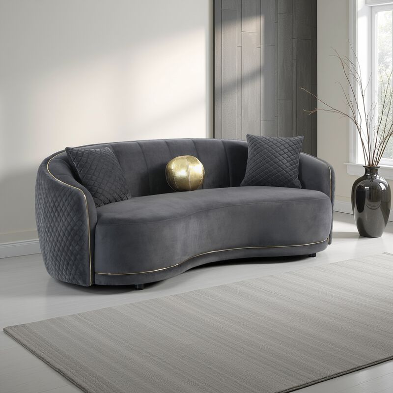 Buo Curved Sofa, 92 Inch, Dark Gray Polyester, Gold Trim, 3 Pillows - Benzara
