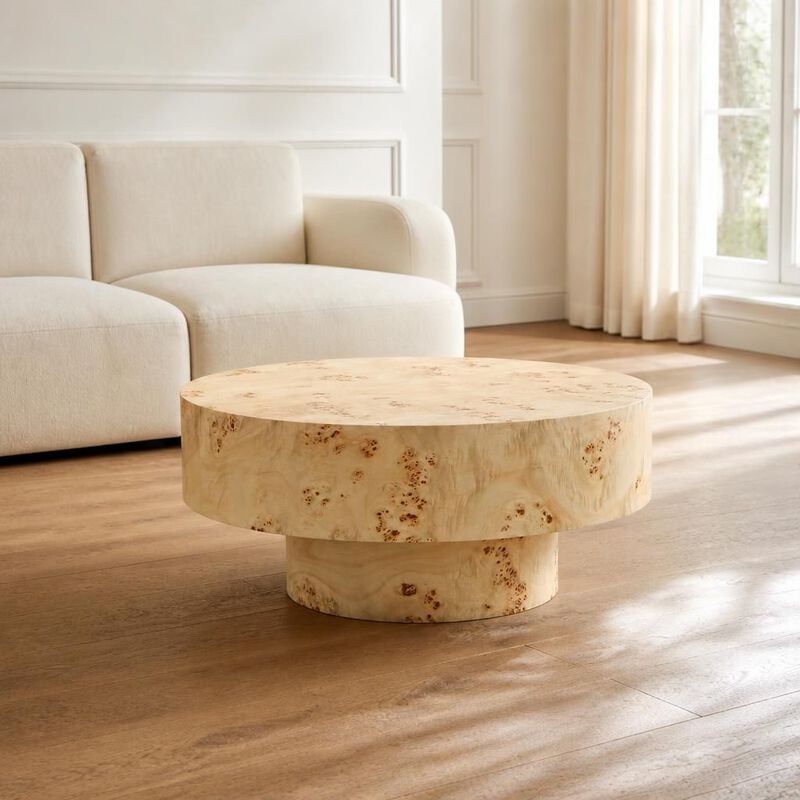 GOODSILO Round Mid-Century Modern Coffee Table with Burl Wood Veneer and Sturdy Pedestal for Small Living Spaces, Apartments and Home Offices image number 2