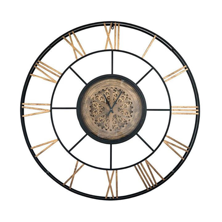 HomeRoots 56" Circle Copper Metal and Glass Analog Exposed Gear Wall Clock