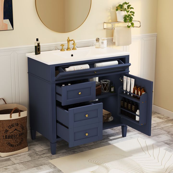 36 in. W Modern Bathroom Vanity with Single Sink, 2 Storage Drawers and 1 Tip-Out Drawer