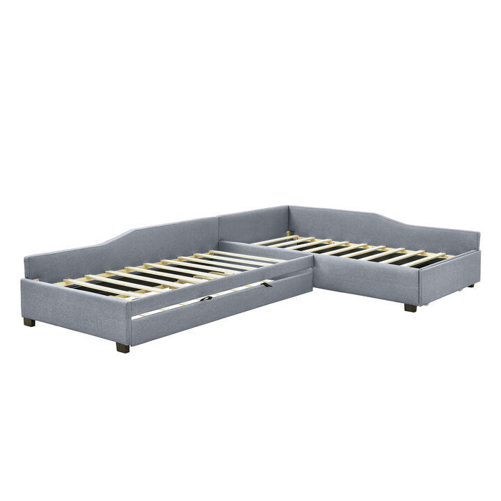 Whisen 120" Double Twin Size Daybed with Trundle and Drawer, Plywood Frame Upholstered Sofa Bed for Living Room