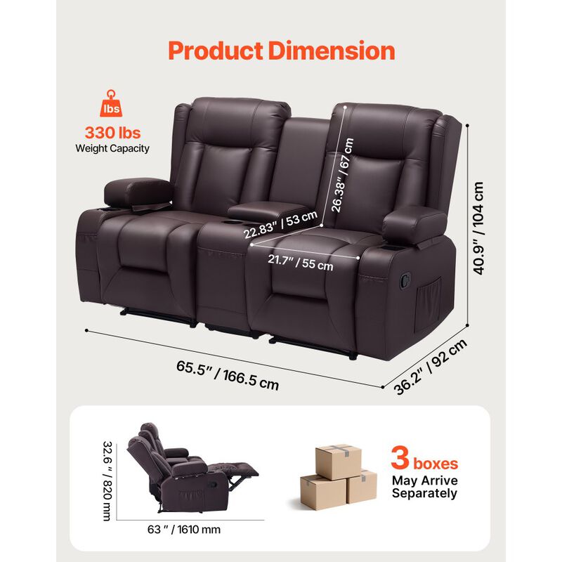 Loveseat Recliner Sofa, Manual PU Leather Couch with Console, USB & Cup Holders image number 2