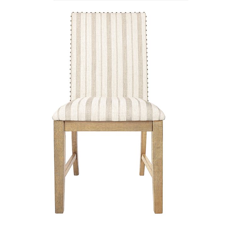 Tim Dining Chair Set of 2, Wood Apron, Taupe Cream Striped Polyester