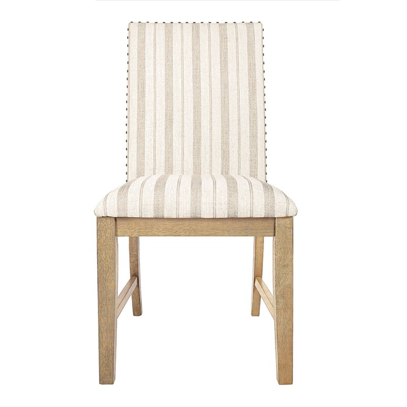 Tim Dining Chair Set of 2, Wood Apron, Taupe Cream Striped Polyester