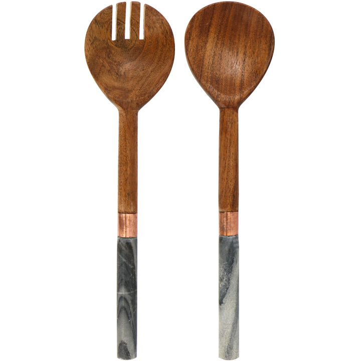 Laurie Gates California Designs Marble and Acacia Wood 2 Piece Salad Server Set