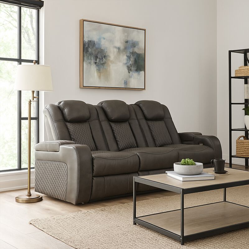 Fynne LED Power Reclining Sofa, USB Charger, Gray Faux Leather 85 Inch image number 1